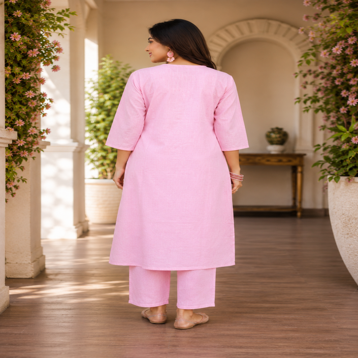 Pink pure cotton A-line kurta set for women with threadwork and matching pants