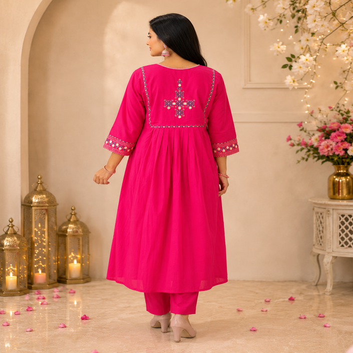 Pink A-line cotton kurta set for women with embroidered kurta and straight-fit pants
