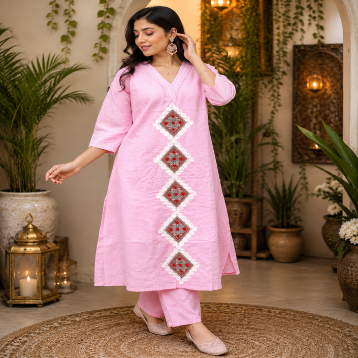 Pink pure cotton A-line kurta set for women with threadwork and matching pants