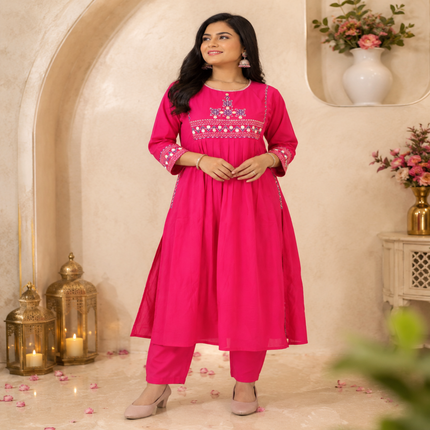Pink A-line cotton kurta set for women with embroidered kurta and straight-fit pants