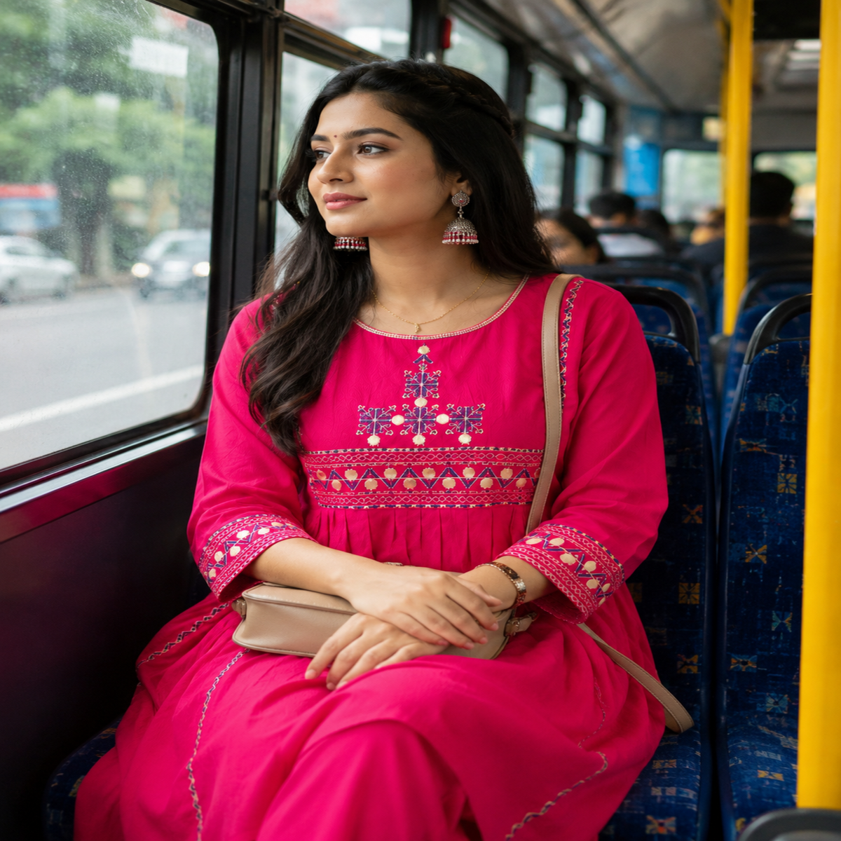 Pink A-line cotton kurta set for women with embroidered kurta and straight-fit pants