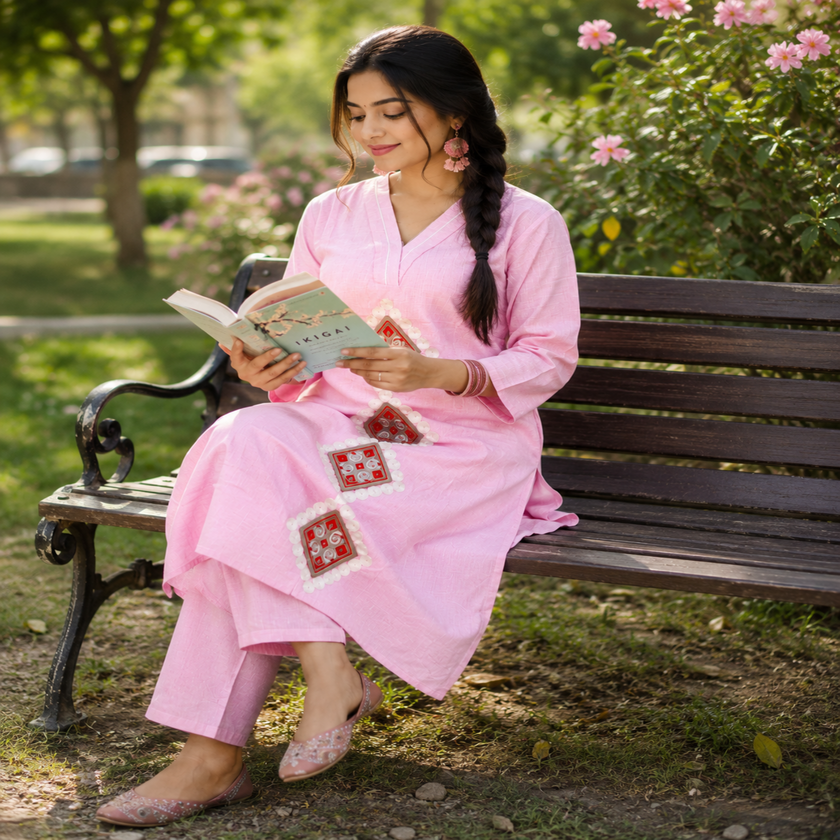 Pink pure cotton A-line kurta set for women with threadwork and matching pants
