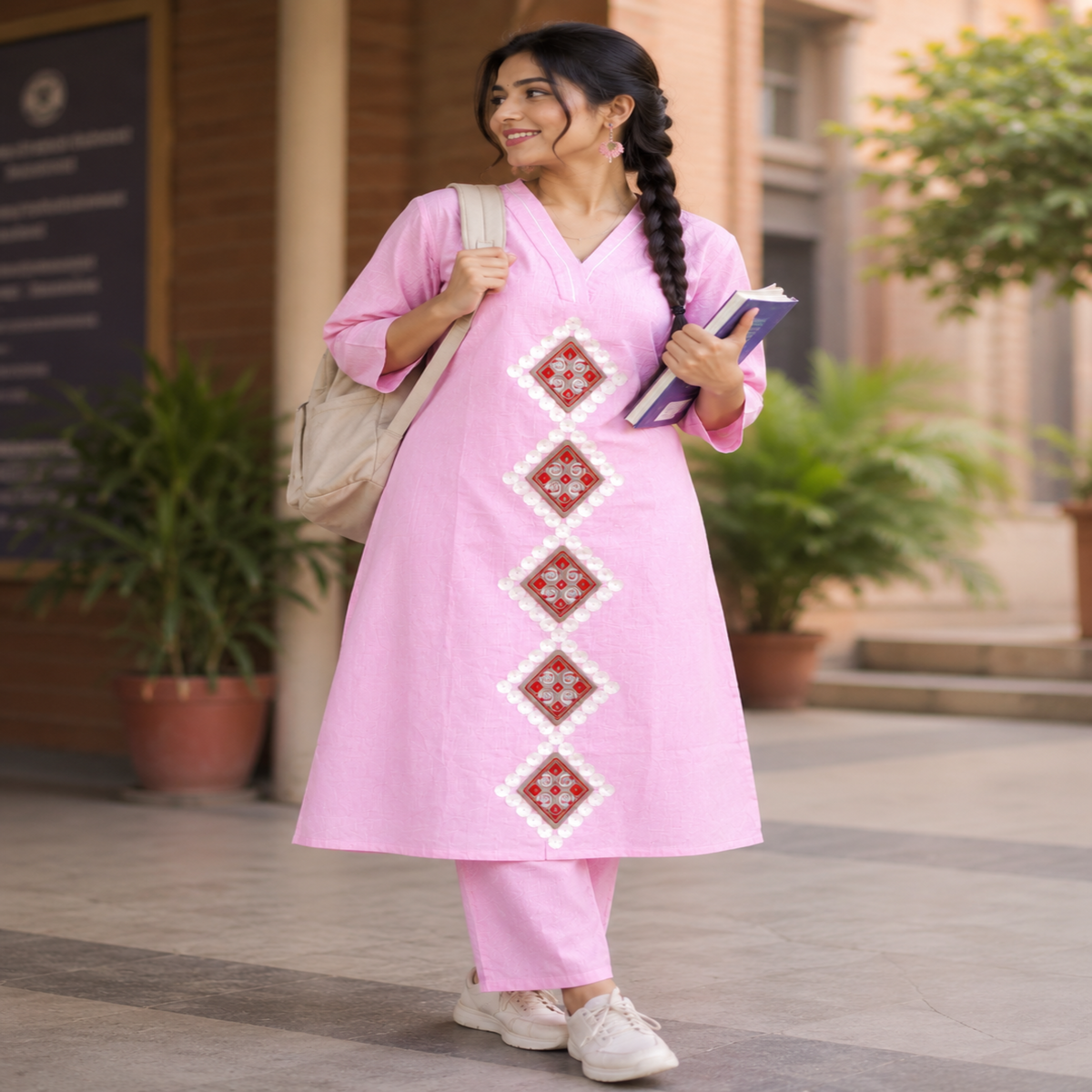 Pink pure cotton A-line kurta set for women with threadwork and matching pants