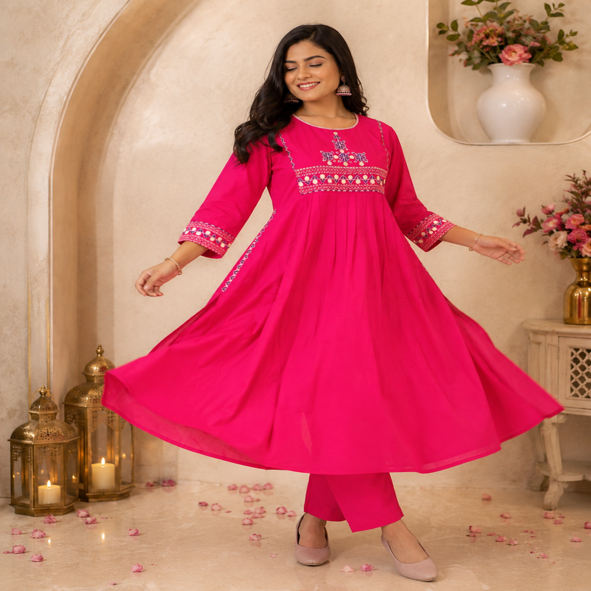 Pink A-line cotton kurta set for women with embroidered kurta and straight-fit pants