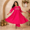 Pink A-line cotton kurta set for women with embroidered kurta and straight-fit pants
