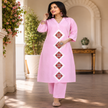Pink pure cotton A-line kurta set for women with threadwork and matching pants