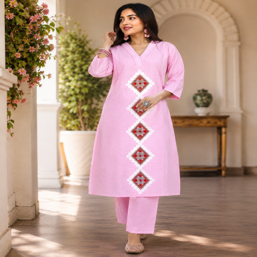 Pink pure cotton A-line kurta set for women with threadwork and matching pants