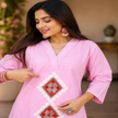 Pink pure cotton A-line kurta set for women with threadwork and matching pants