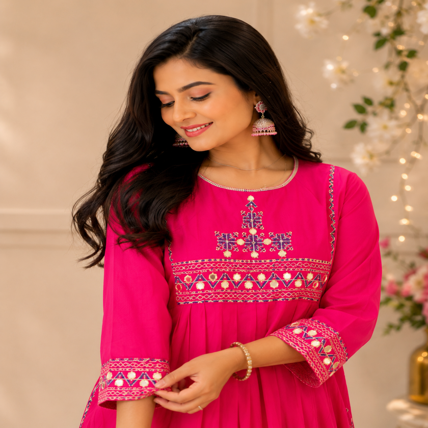 Pink A-line cotton kurta set for women with embroidered kurta and straight-fit pants