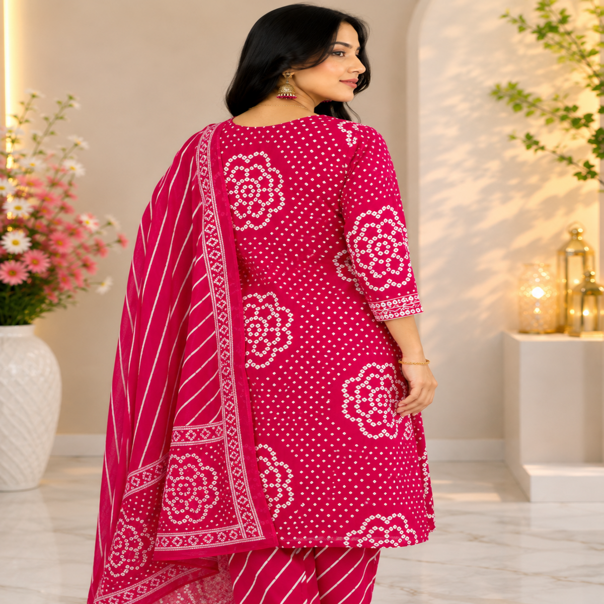 Pink Bandhej cotton dupatta suit for women with printed kurta, straight pants and matching dupatta