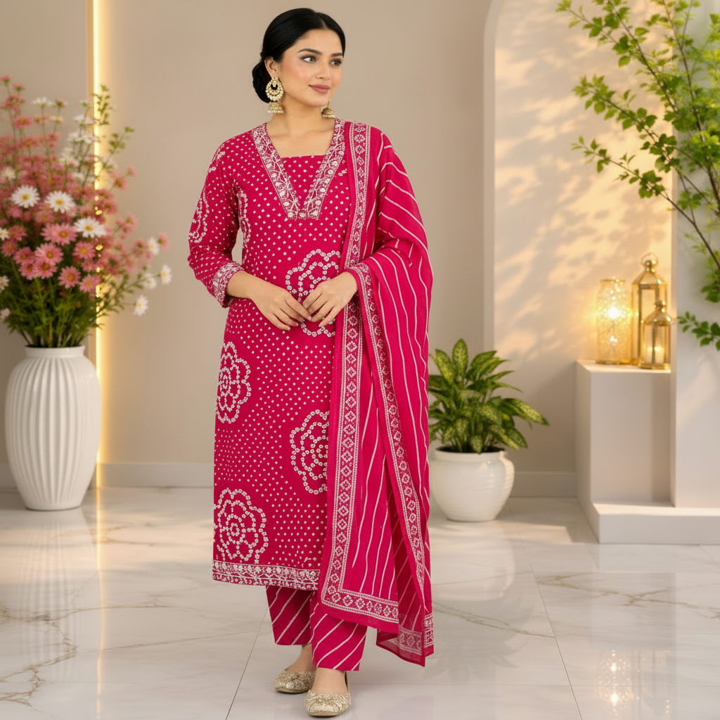 Pink Bandhej cotton dupatta suit for women with printed kurta, straight pants and matching dupatta
