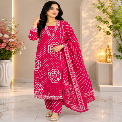 Pink Bandhej cotton dupatta suit for women with printed kurta, straight pants and matching dupatta