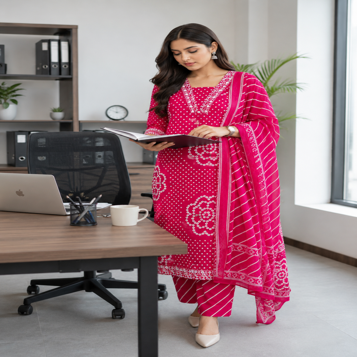 Pink Bandhej cotton dupatta suit for women with printed kurta, straight pants and matching dupatta