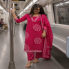 Pink Bandhej cotton dupatta suit for women with printed kurta, straight pants and matching dupatta