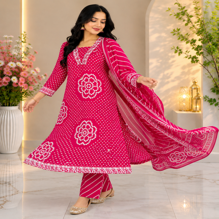 Pink Bandhej cotton dupatta suit for women with printed kurta, straight pants and matching dupatta