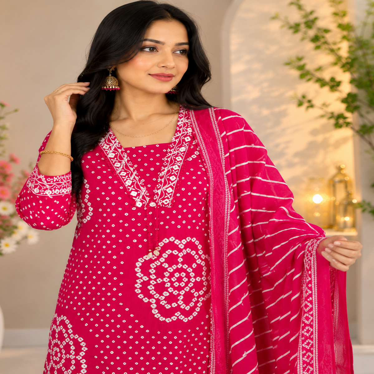 Pink Bandhej cotton dupatta suit for women with printed kurta, straight pants and matching dupatta