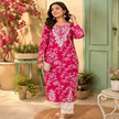Pink Chikankari kurta set for women with white floral print and lace palazzo pants