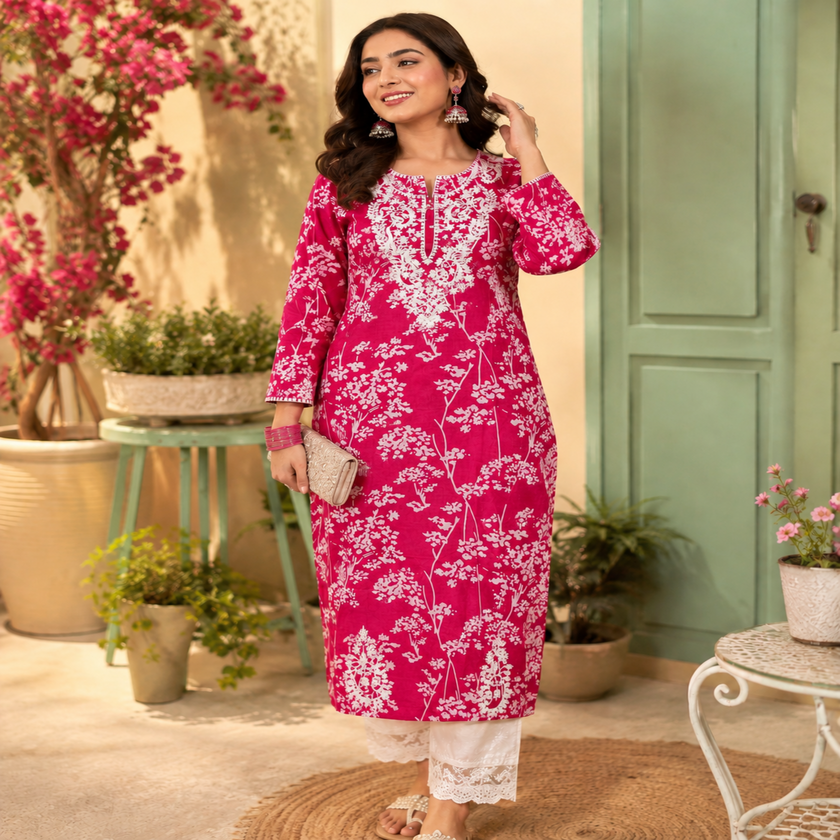 Pink Chikankari kurta set for women with white floral print and lace palazzo pants