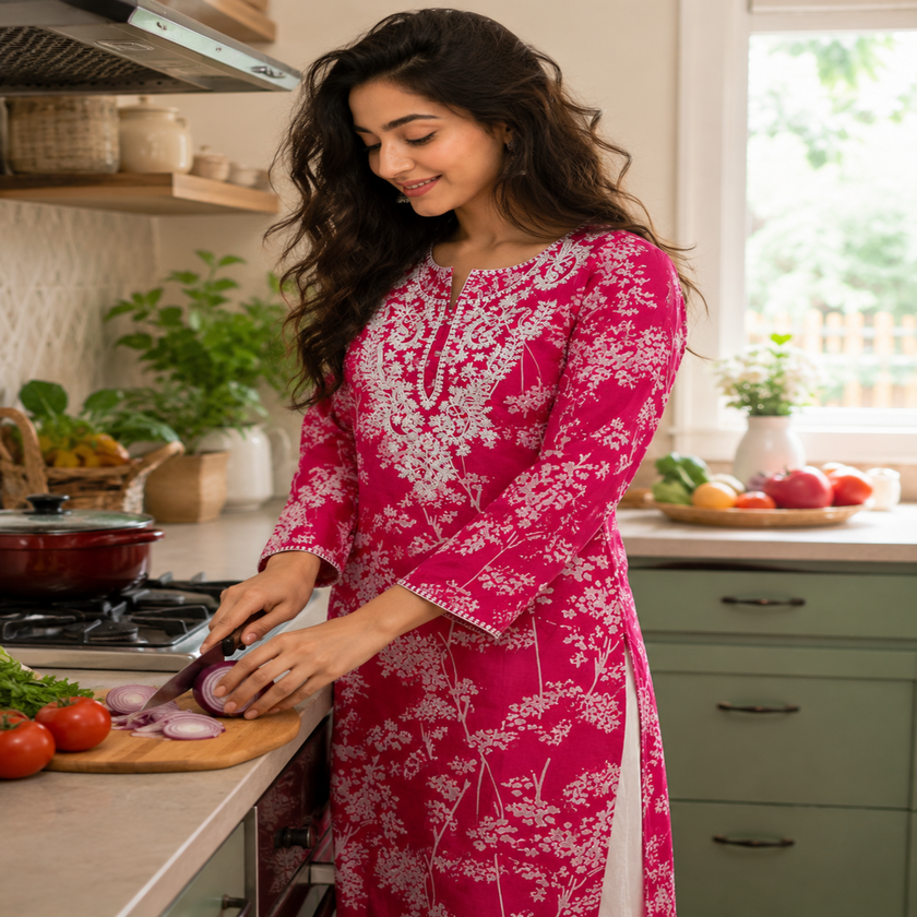 Pink Chikankari kurta set for women with white floral print and lace palazzo pants