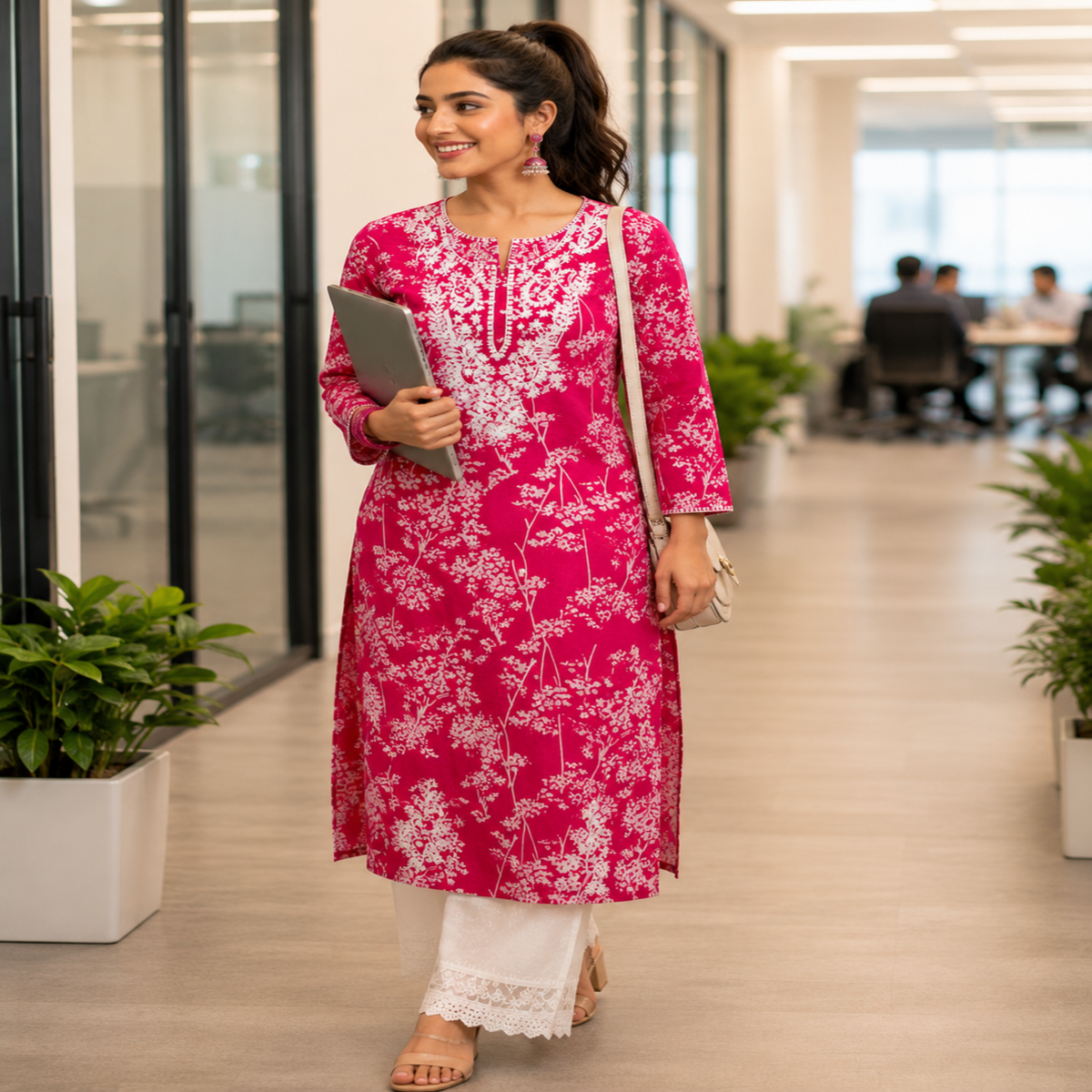 Pink Chikankari kurta set for women with white floral print and lace palazzo pants