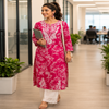 Pink Chikankari kurta set for women with white floral print and lace palazzo pants