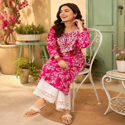 Pink Chikankari kurta set for women with white floral print and lace palazzo pants