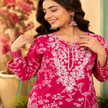 Pink Chikankari kurta set for women with white floral print and lace palazzo pants