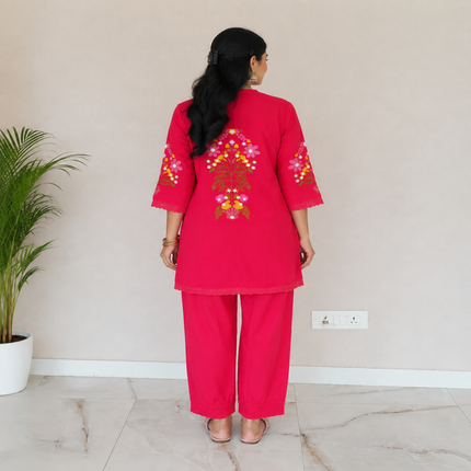 Rani Pink Embroidered Pure Cotton Co-Ord Set for Women with Straight Pants