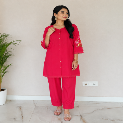 Rani Pink Embroidered Pure Cotton Co-Ord Set for Women with Straight Pants