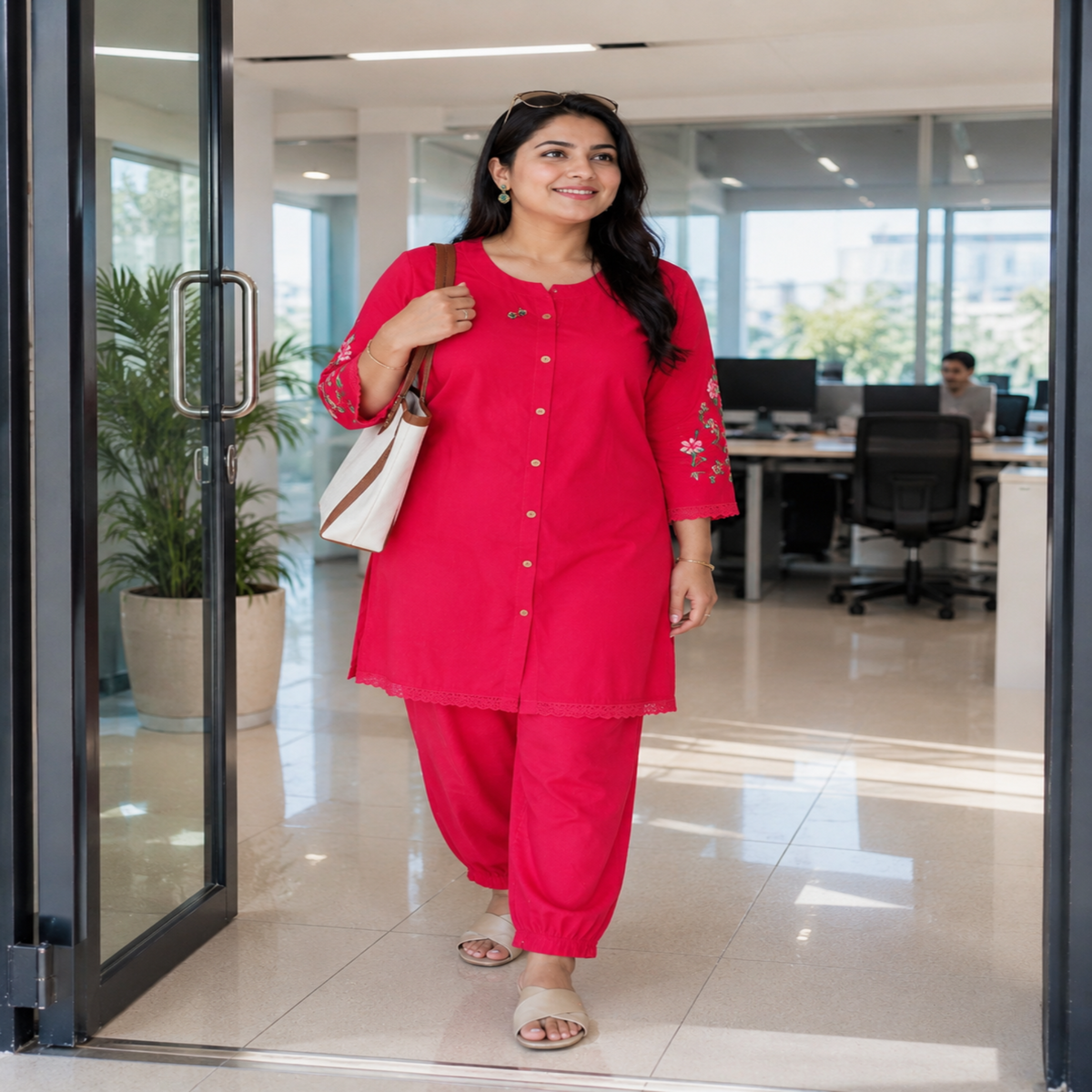 Rani Pink Embroidered Pure Cotton Co-Ord Set for Women with Straight Pants