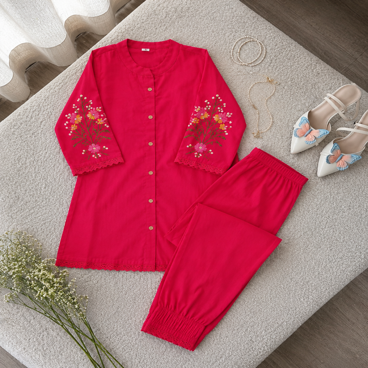 Rani Pink Embroidered Pure Cotton Co-Ord Set for Women with Straight Pants