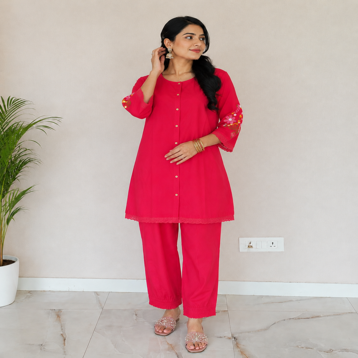 Rani Pink Embroidered Pure Cotton Co-Ord Set for Women with Straight Pants