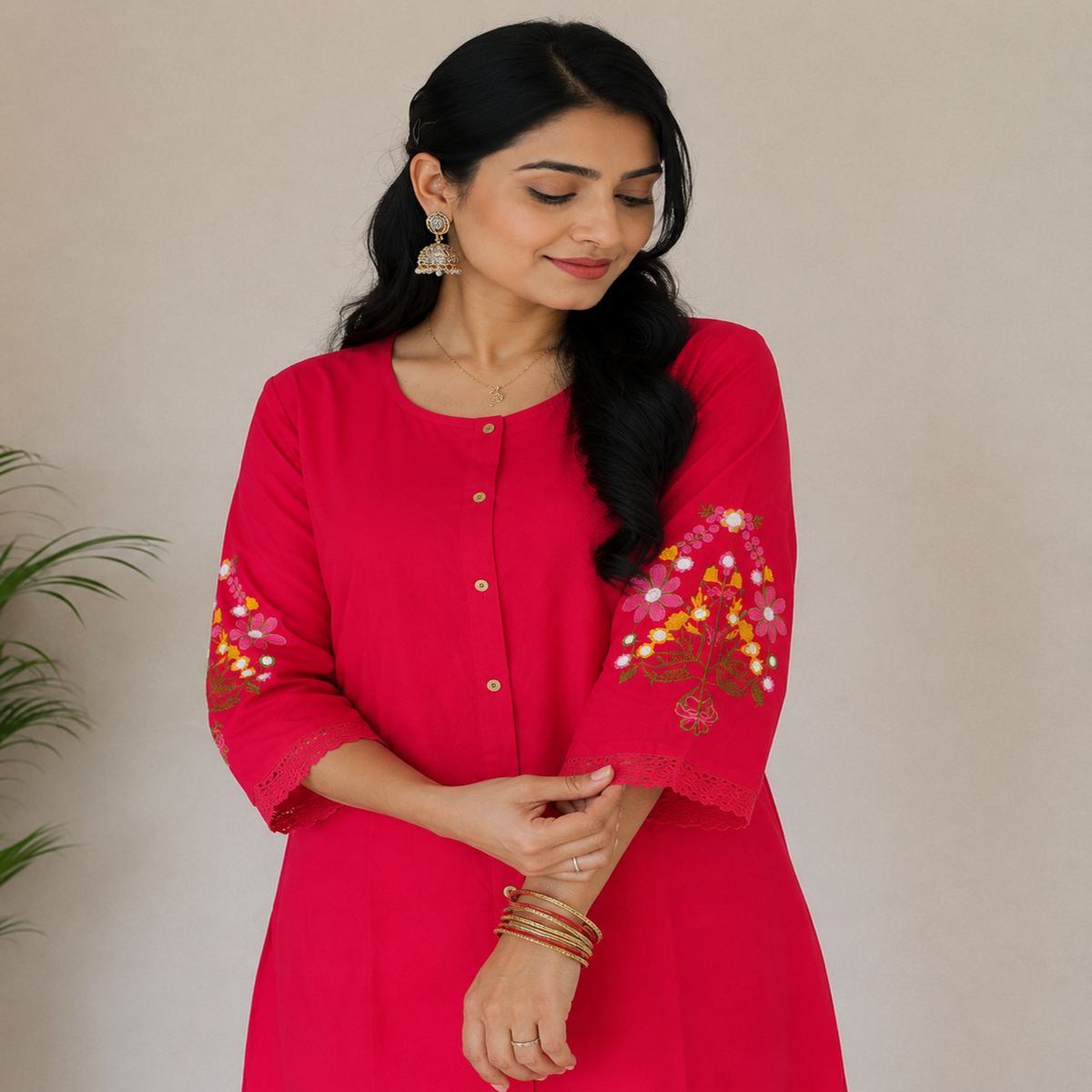 Rani Pink Embroidered Pure Cotton Co-Ord Set for Women with Straight Pants
