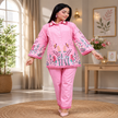 Pink cotton embroidered co-ord set for women with floral threadwork and straight pants
