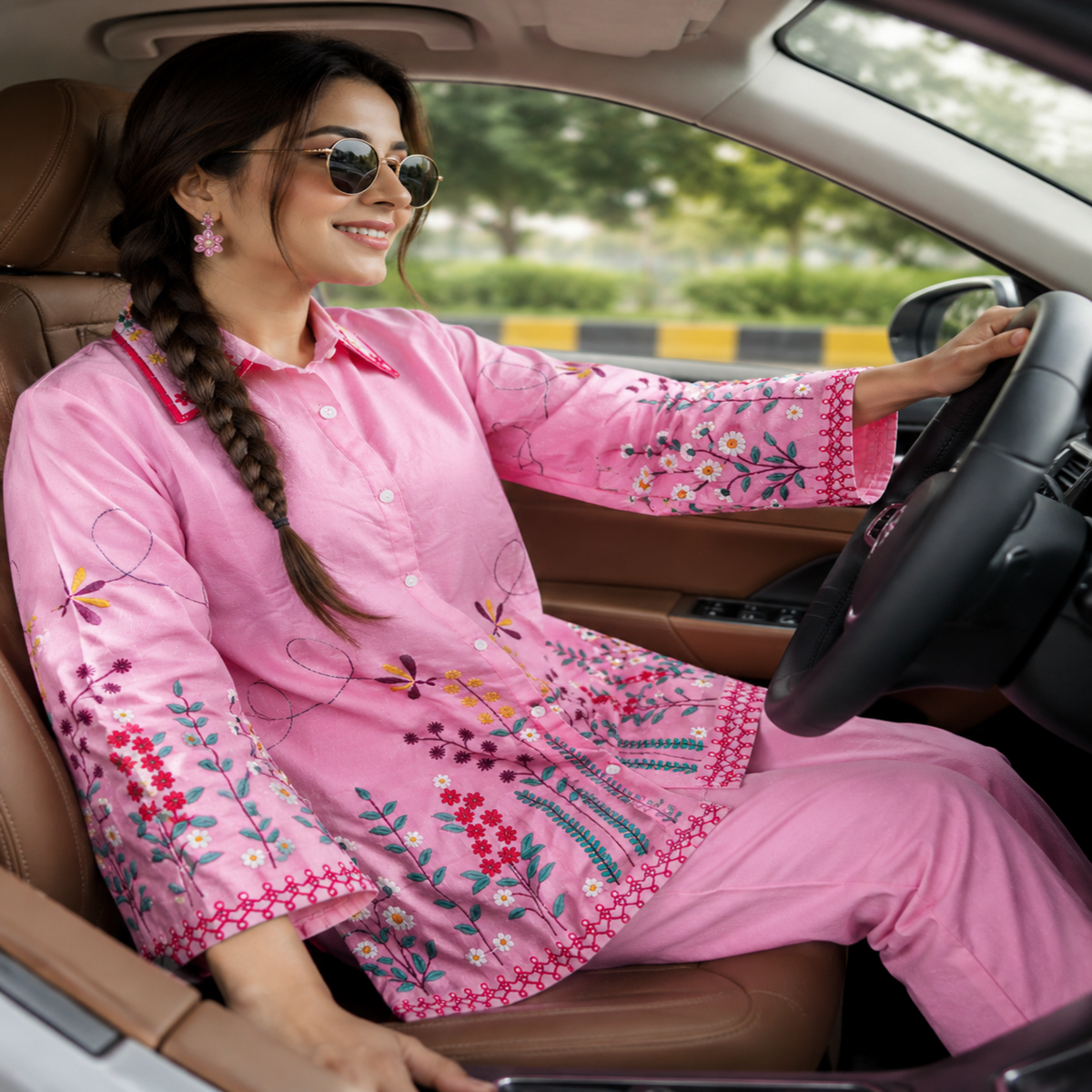 Pink cotton embroidered co-ord set for women with floral threadwork and straight pants