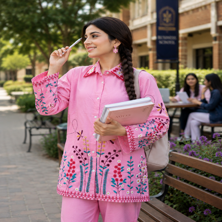 Pink cotton embroidered co-ord set for women with floral threadwork and straight pants