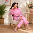 Pink cotton embroidered co-ord set for women with floral threadwork and straight pants