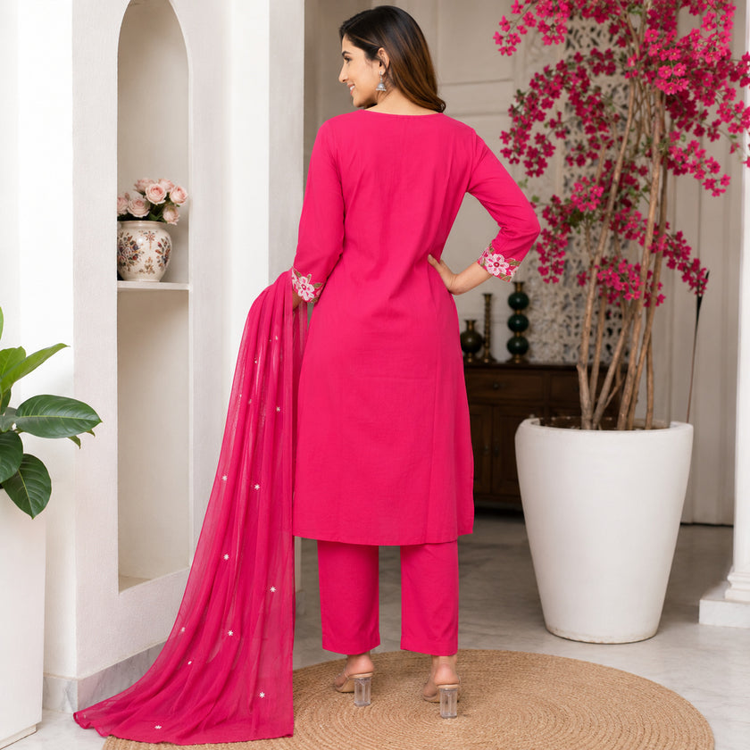 Pink Embroidered Cotton Dupatta Suit for Women with Floral Kurta