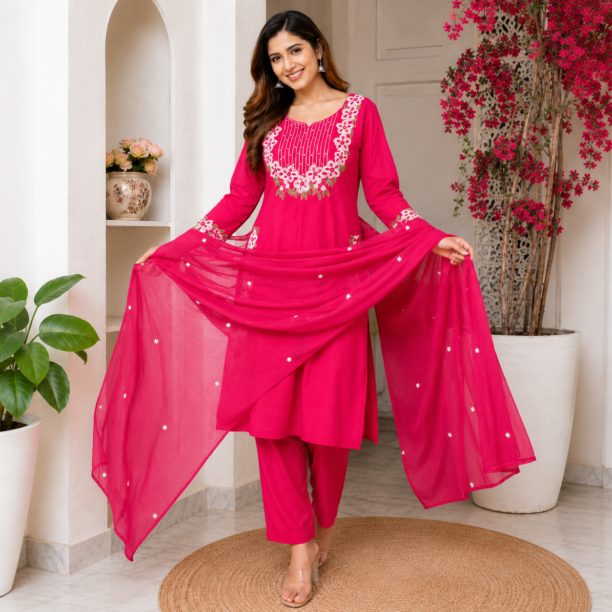 Pink Embroidered Cotton Dupatta Suit for Women with Floral Kurta