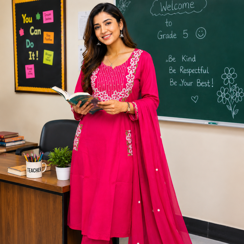 Pink Embroidered Cotton Dupatta Suit for Women with Floral Kurta