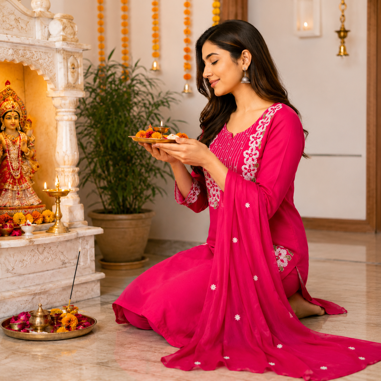 Pink Embroidered Cotton Dupatta Suit for Women with Floral Kurta