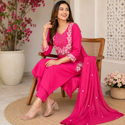 Pink Embroidered Cotton Dupatta Suit for Women with Floral Kurta
