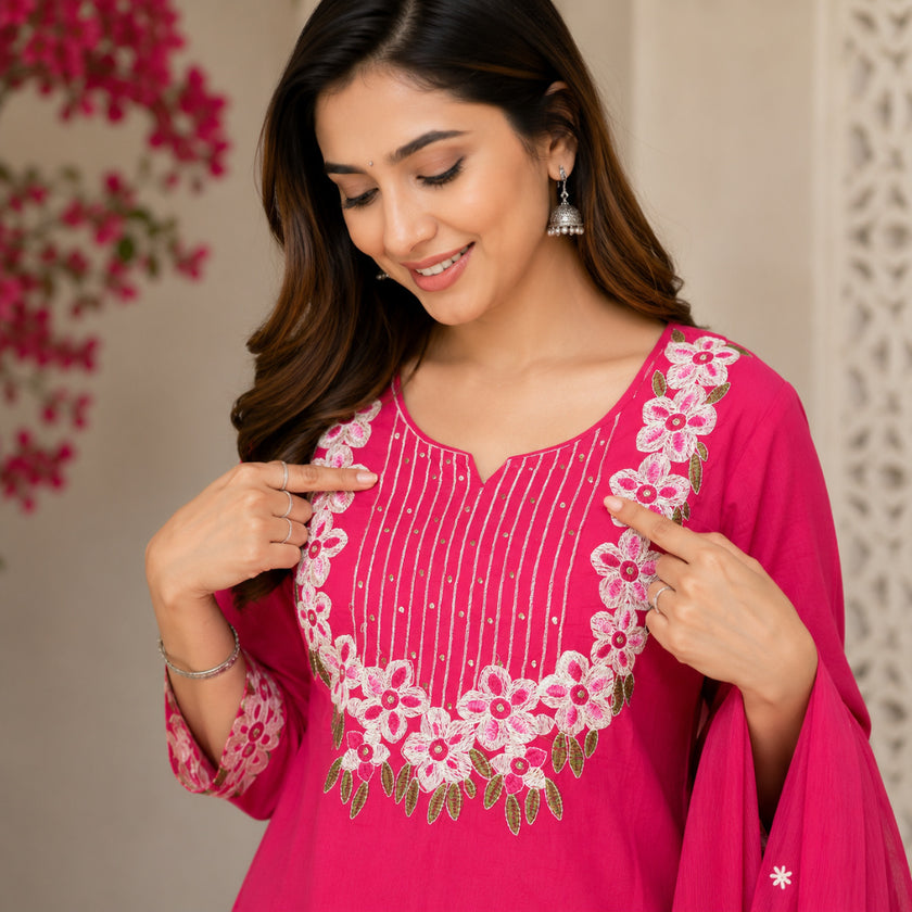 Pink Embroidered Cotton Dupatta Suit for Women with Floral Kurta