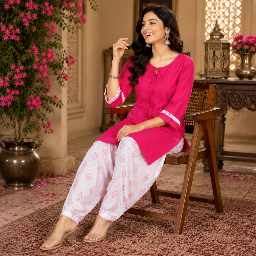 Rani Pink Pure Cotton Farshi Salwar Kurta Set for Women