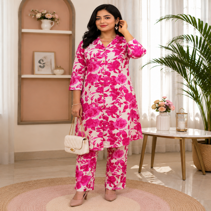 Pink floral printed co-ord set for women with longline tunic and matching straight-fit pants