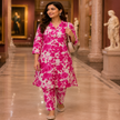 Pink floral printed co-ord set for women with longline tunic and matching straight-fit pants
