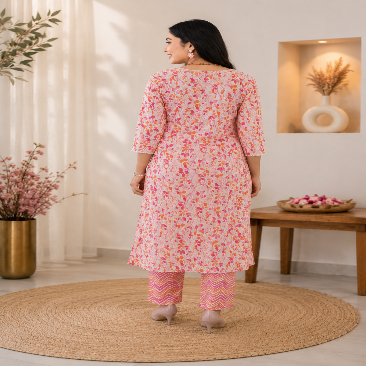 Pink Orange Cotton Floral Kurta Set for Women with Printed Kurta and Matching Straight Pants