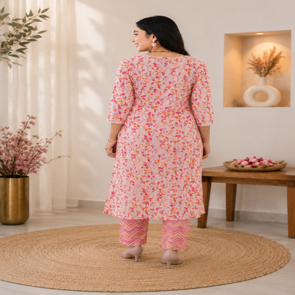 Pink Orange Cotton Floral Kurta Set for Women with Printed Kurta and Matching Straight Pants