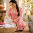 Pink Orange Cotton Floral Kurta Set for Women with Printed Kurta and Matching Straight Pants