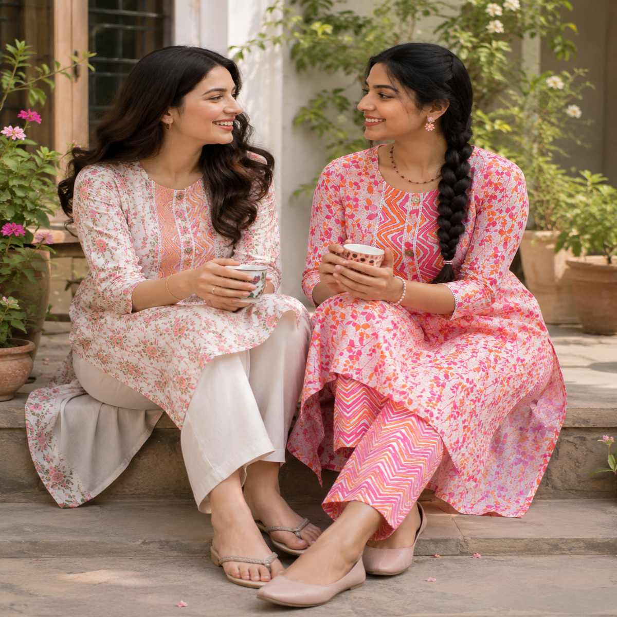 Pink Orange Cotton Floral Kurta Set for Women with Printed Kurta and Matching Straight Pants